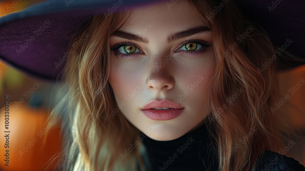 Enchanting Witch in Autumn Setting with Pumpkins and Magical Atmosphere Enchanting Witch in Autumn Setting with Pumpkins and Magical Atmosphere