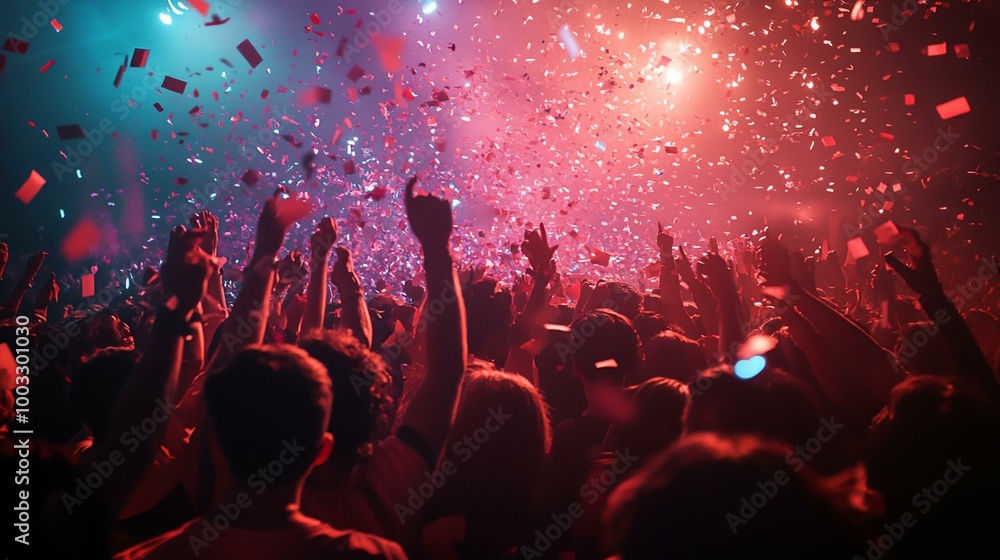 A crowd of people are celebrating with confetti falling around them. Scene is joyful and festive A crowd of people are celebrating with confetti falling around them. Scene is joyful and festive