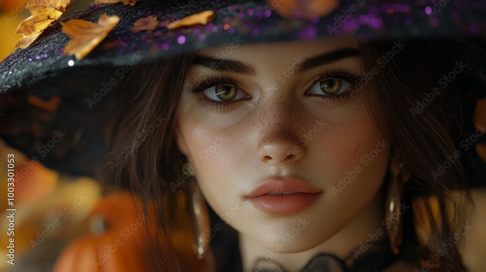 Enchanting Witch in Autumn Setting with Pumpkins and Magical Atmosphere Enchanting Witch in Autumn Setting with Pumpkins and Magical Atmosphere