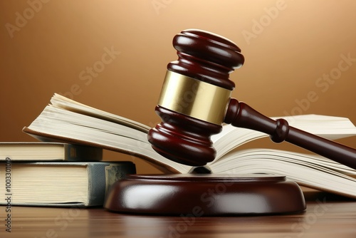 Wooden gavel, books on wooden table on brown background. Close-up of judicial symbol, law books, authority tool. Lawyer desk with wooden table, books, gavel. Concept of justice, law, authority.