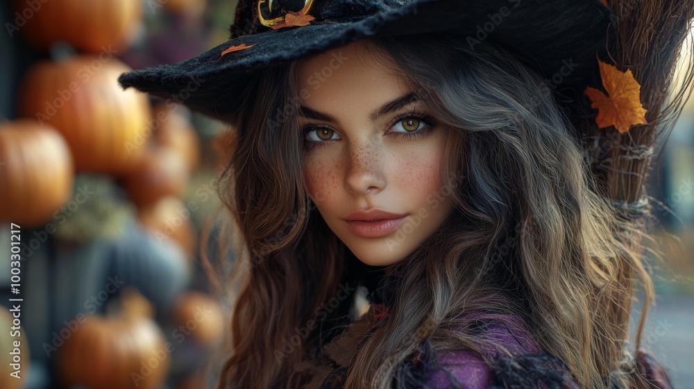 Enchanting Witch in Autumn Setting with Pumpkins and Magical Atmosphere Enchanting Witch in Autumn Setting with Pumpkins and Magical Atmosphere