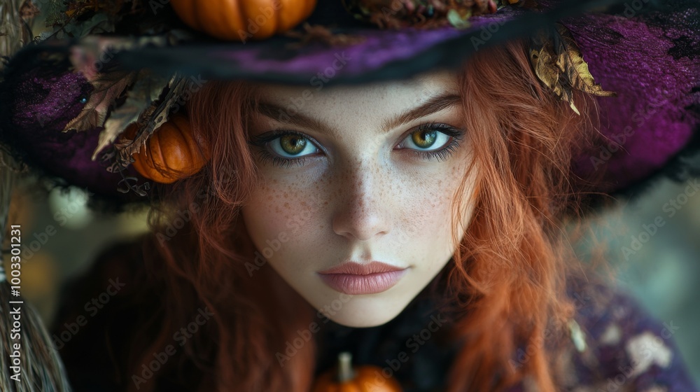 Enchanting Witch in Autumn Setting with Pumpkins and Magical Atmosphere Enchanting Witch in Autumn Setting with Pumpkins and Magical Atmosphere