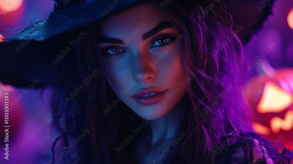Fototapeta premium Enchanting Witch in Autumn Setting with Pumpkins and Magical Atmosphere