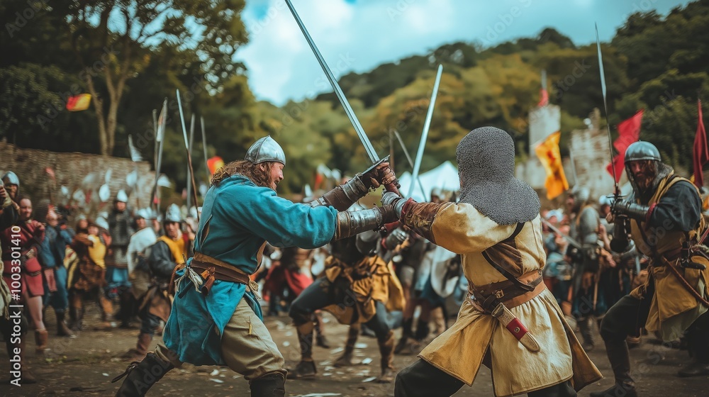 Fototapeta premium Knights clashing swords in medieval battle, castle backdrop, historical moment. Ai generated