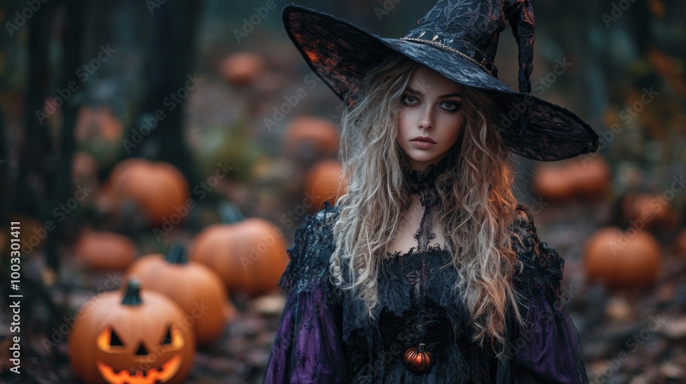 Enchanting Witch in Autumn Setting with Pumpkins and Magical Atmosphere