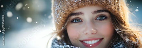 a woman with blue eyes and a hat on smiling for the camera in the snow