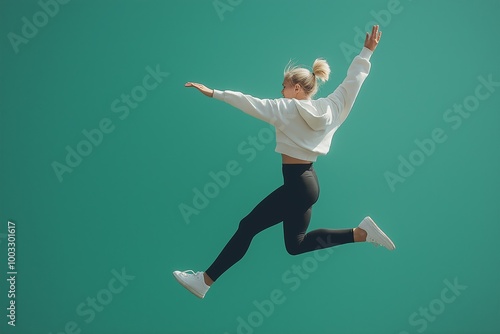 Modern athletic woman in white hoodie and black leggings leaping, isolated on green background, fitness concept photo