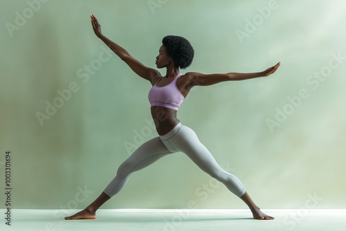 Woman practicing yoga in warrior pose, peaceful mindful fitness routine, wellness, healthy living concept