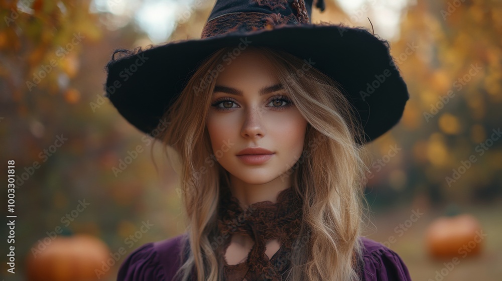 Enchanting Witch in Autumn Setting with Pumpkins and Magical Atmosphere Enchanting Witch in Autumn Setting with Pumpkins and Magical Atmosphere