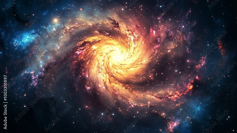 Galaxy glowing spiral view cosmic dust swirling colors creating dynamic stunning depth. AI generated Galaxy glowing spiral view cosmic dust swirling colors creating dynamic stunning depth. AI generated