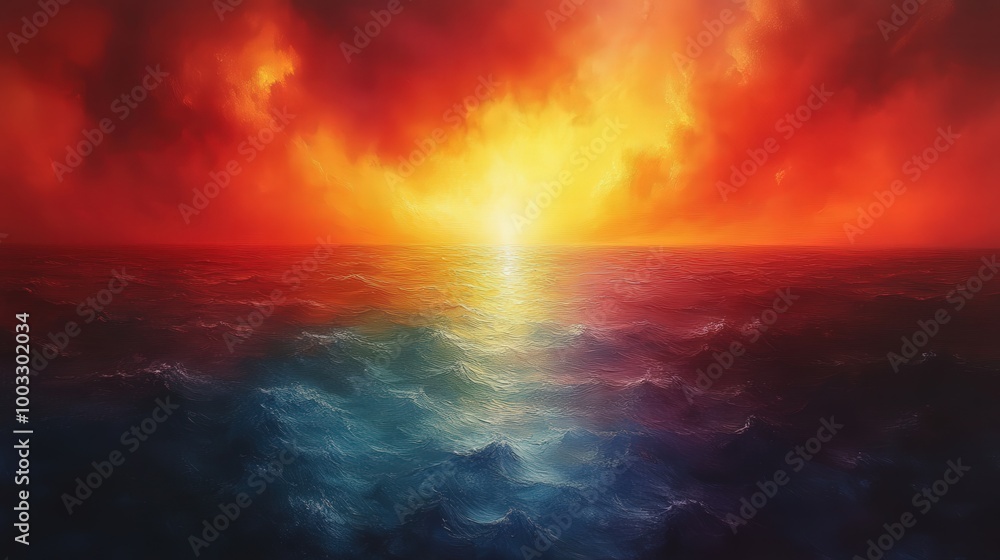 Obraz premium Fiery Sunset Over Ocean With Dramatic Skies In Oil Painting