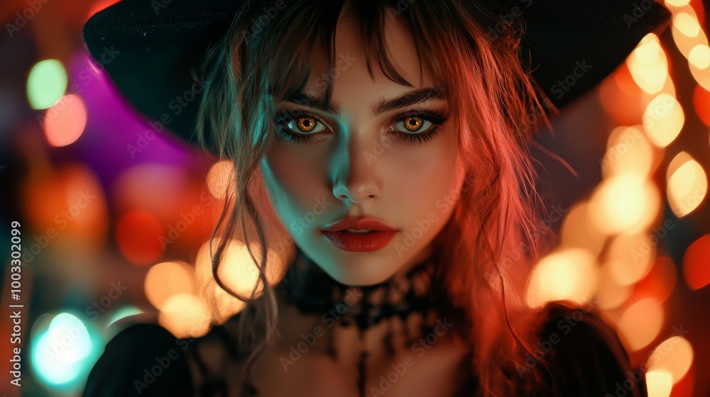 Enchanting Witch in Autumn Setting with Pumpkins and Magical Atmosphere Enchanting Witch in Autumn Setting with Pumpkins and Magical Atmosphere