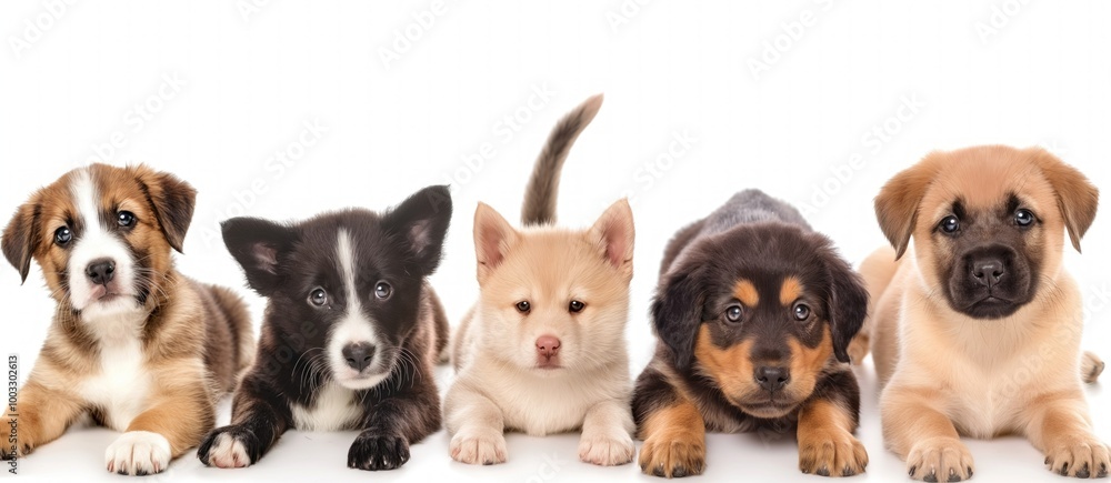 Fototapeta premium Close-up collage of cute adult pets. Isolated on white background. Adorable dogs, cats, mammals with bright, big eyes, playful noses. Happy animals with beautiful, cheerful, funny expressions.