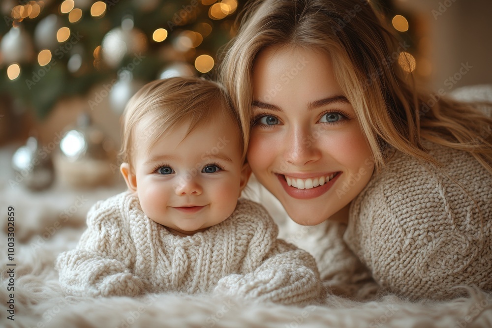 Beautiful young mother and her adorable little daughter in knitted hats are sitting on the floor near the Christmas tree. Beautiful young mother and her adorable little daughter in knitted hats are sitting on the floor near the Christmas tree.