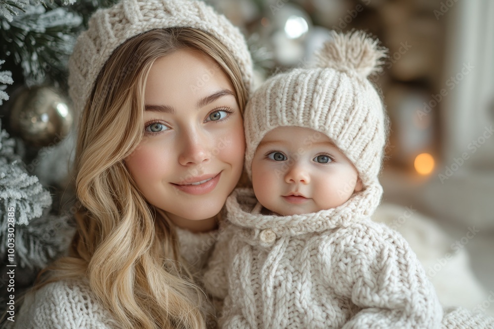 Beautiful young mother and her adorable little daughter in knitted hats are sitting on the floor near the Christmas tree. Beautiful young mother and her adorable little daughter in knitted hats are sitting on the floor near the Christmas tree.