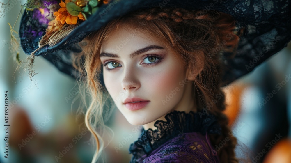 Enchanting Witch in Autumn Setting with Pumpkins and Magical Atmosphere Enchanting Witch in Autumn Setting with Pumpkins and Magical Atmosphere