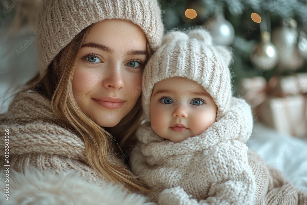 Beautiful young mother and her adorable little daughter in knitted hats are sitting on the floor near the Christmas tree. Beautiful young mother and her adorable little daughter in knitted hats are sitting on the floor near the Christmas tree.