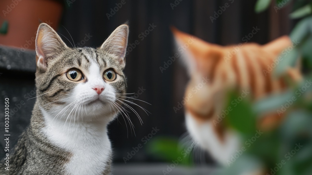 Two cats, one in focus, blurred, outdoor setting Two cats, one in focus, blurred, outdoor setting