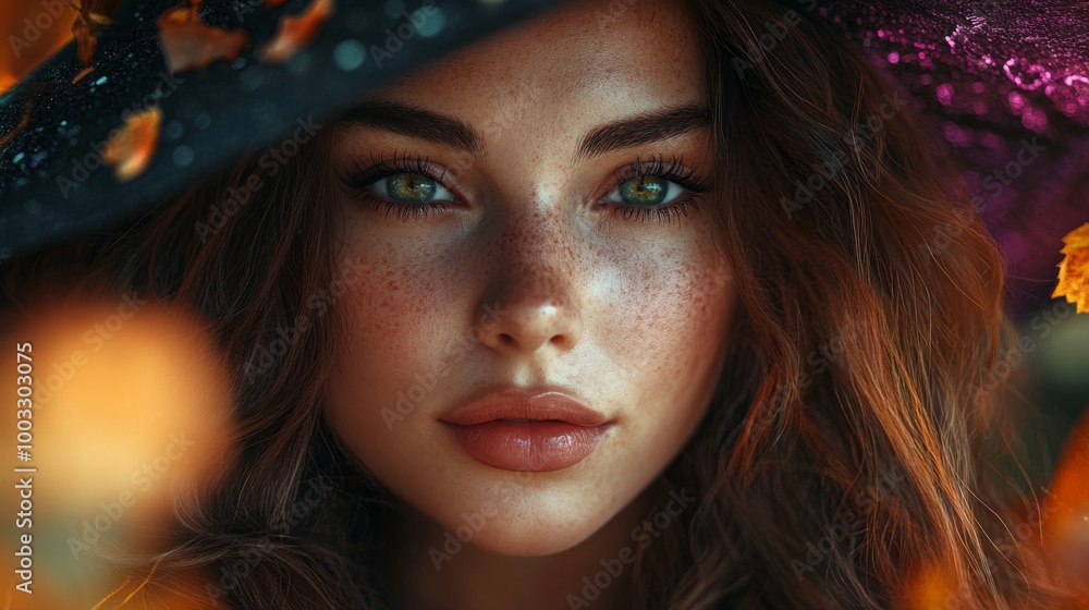 Enchanting Witch in Autumn Setting with Pumpkins and Magical Atmosphere Enchanting Witch in Autumn Setting with Pumpkins and Magical Atmosphere