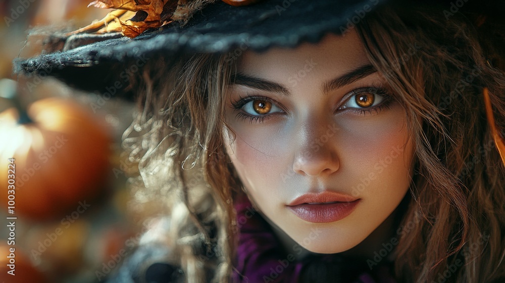 Enchanting Witch in Autumn Setting with Pumpkins and Magical Atmosphere Enchanting Witch in Autumn Setting with Pumpkins and Magical Atmosphere