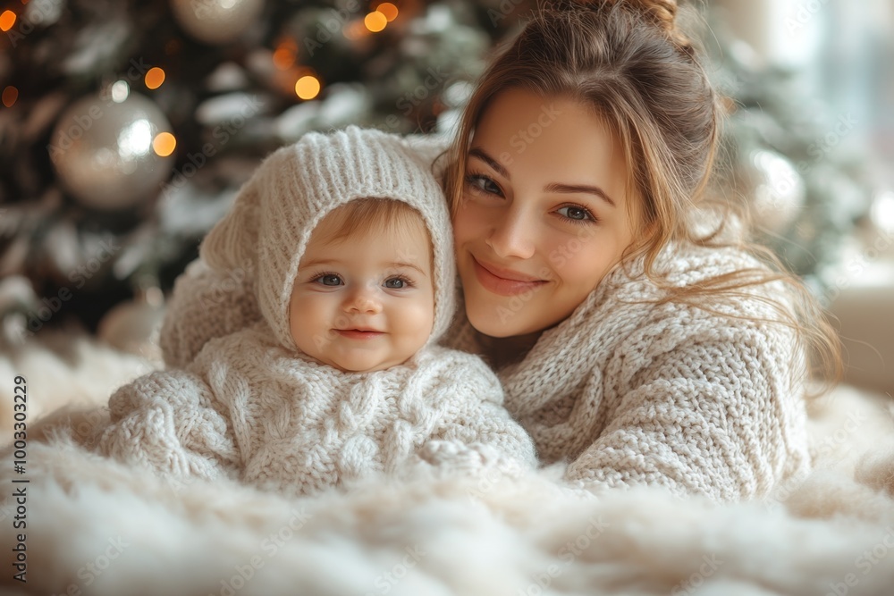 Beautiful young mother and her adorable little daughter in knitted hats are sitting on the floor near the Christmas tree. Beautiful young mother and her adorable little daughter in knitted hats are sitting on the floor near the Christmas tree.