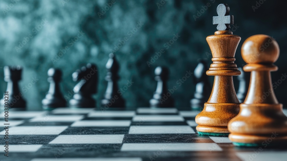 Chess pieces on board, focus king and queen Chess pieces on board, focus king and queen