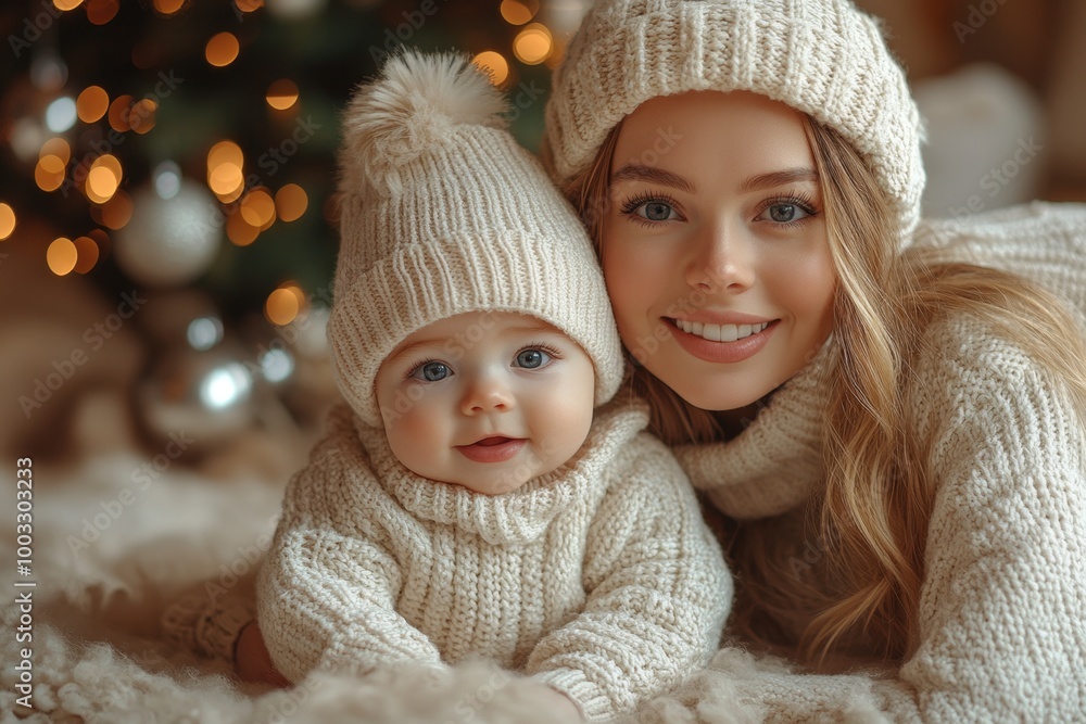 Beautiful young mother and her adorable little daughter in knitted hats are sitting on the floor near the Christmas tree. Beautiful young mother and her adorable little daughter in knitted hats are sitting on the floor near the Christmas tree.