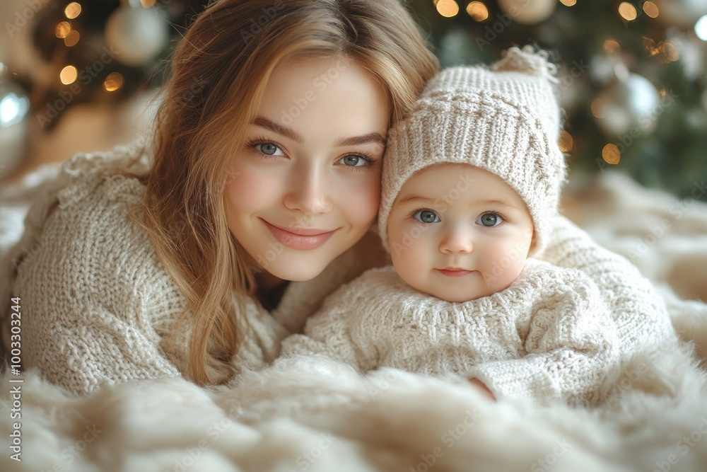 Beautiful young mother and her adorable little daughter in knitted hats are sitting on the floor near the Christmas tree. Beautiful young mother and her adorable little daughter in knitted hats are sitting on the floor near the Christmas tree.