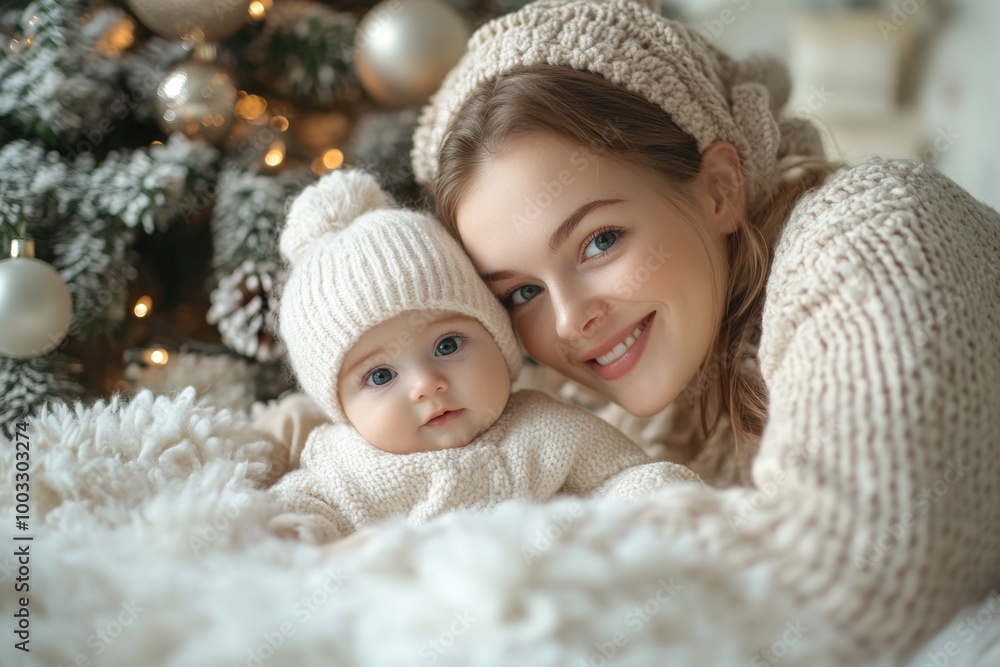 Beautiful young mother and her adorable little daughter in knitted hats are sitting on the floor near the Christmas tree. Beautiful young mother and her adorable little daughter in knitted hats are sitting on the floor near the Christmas tree.