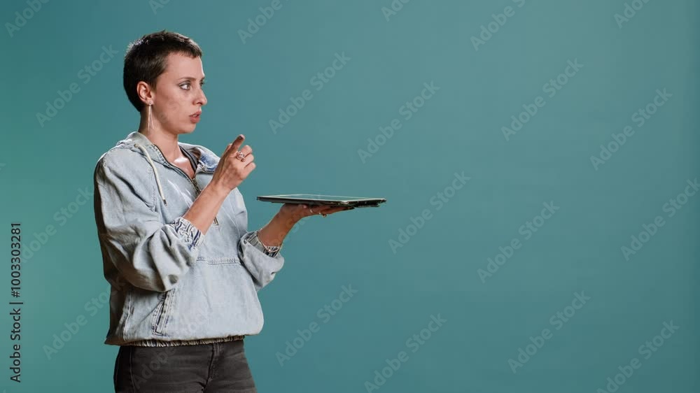 Modern tech person operating on tablet with a futuristic hologram, innovative visual graphics against blue background. Young woman looks at a holographic 3d image visualization. Camera B. Modern tech person operating on tablet with a futuristic hologram, innovative visual graphics against blue background. Young woman looks at a holographic 3d image visualization. Camera B.