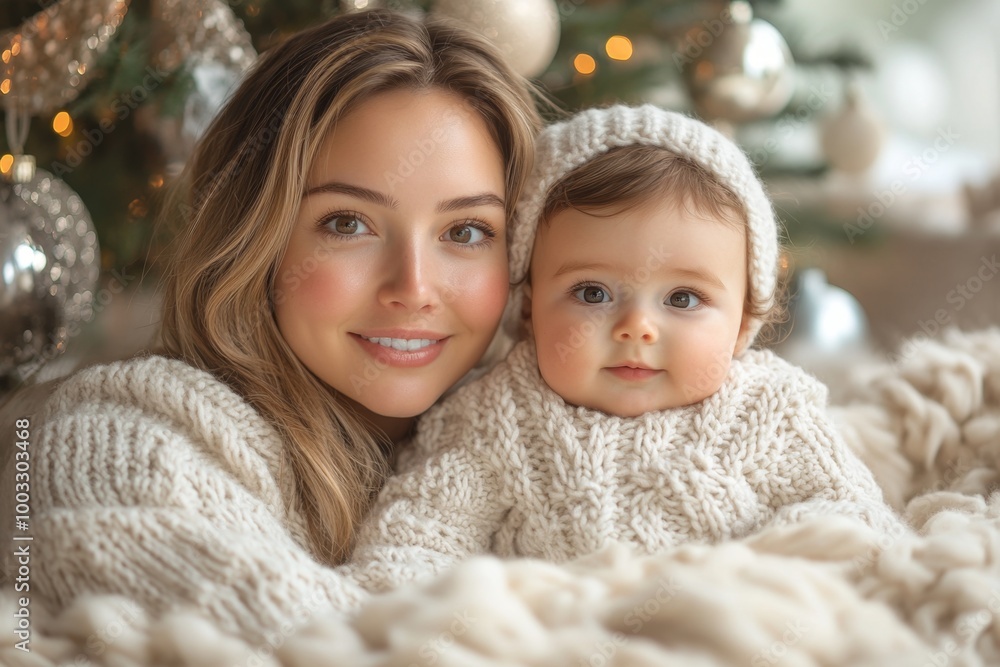 Obraz premium Beautiful young mother and her adorable little daughter in knitted hats are sitting on the floor near the Christmas tree.