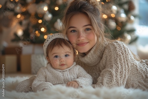 Beautiful young mother and her adorable little daughter in knitted hats are sitting on the floor near the Christmas tree.