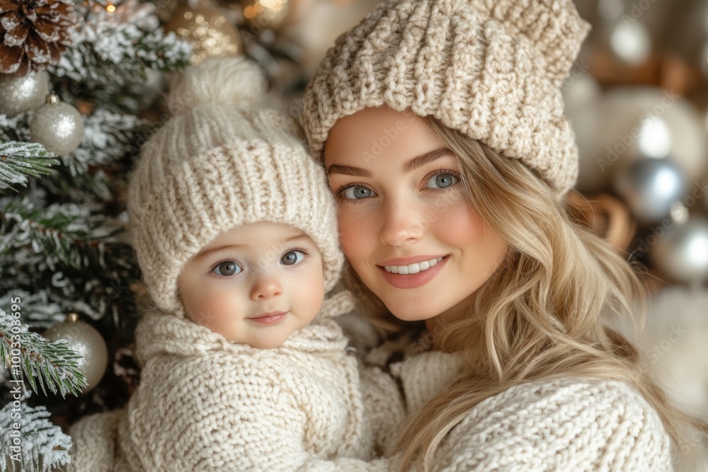 Beautiful young mother and her adorable little daughter in warm knitted hats and scarves on the background of the Christmas tree Beautiful young mother and her adorable little daughter in warm knitted hats and scarves on the background of the Christmas tree