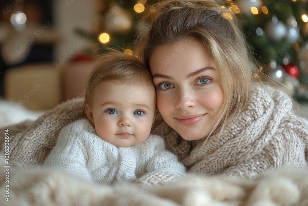 Beautiful young mother and her adorable little daughter in knitted hats are sitting on the floor near the Christmas tree.