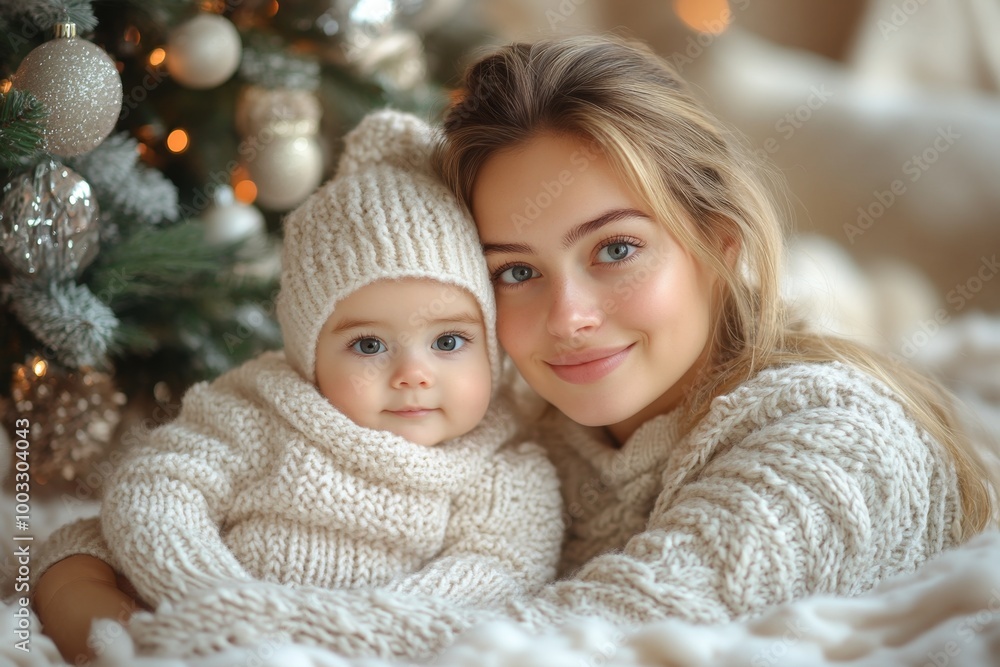 Obraz premium Beautiful young mother and her adorable little daughter in knitted hats are sitting on the floor near the Christmas tree.