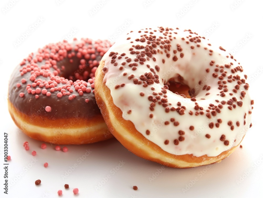 Delicious donuts with colorful icing isolated on white background. Close-up shot of sweet treats with fluffy texture, glazed and sprinkled with sugar. Delicious donuts with colorful icing isolated on white background. Close-up shot of sweet treats with fluffy texture, glazed and sprinkled with sugar.