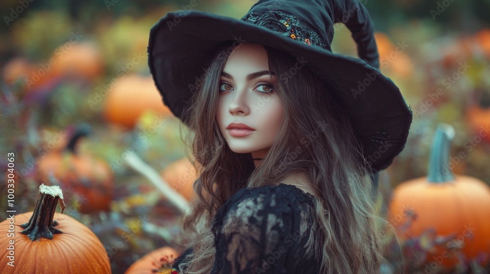 Enchanting Witch in Autumn Setting with Pumpkins and Magical Atmosphere Enchanting Witch in Autumn Setting with Pumpkins and Magical Atmosphere