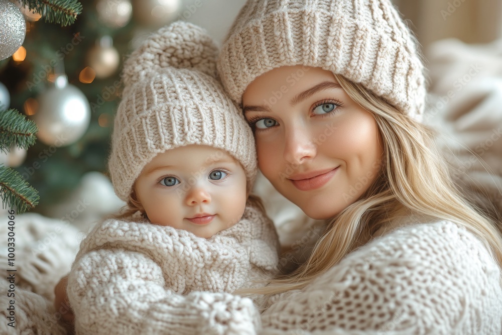 Beautiful young mother and her adorable little daughter in warm knitted hats and scarves on the background of the Christmas tree Beautiful young mother and her adorable little daughter in warm knitted hats and scarves on the background of the Christmas tree