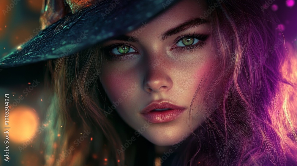 Enchanting Witch in Autumn Setting with Pumpkins and Magical Atmosphere