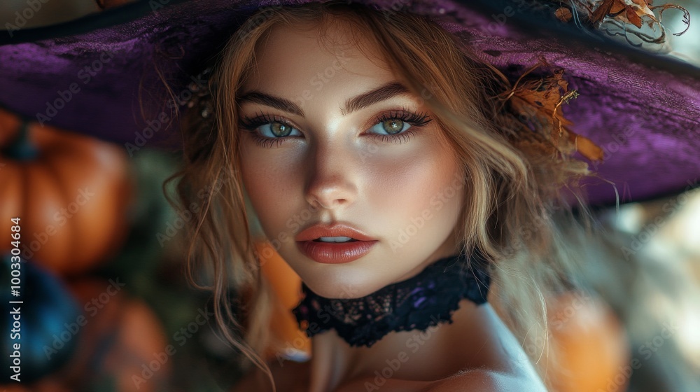 Enchanting Witch in Autumn Setting with Pumpkins and Magical Atmosphere Enchanting Witch in Autumn Setting with Pumpkins and Magical Atmosphere