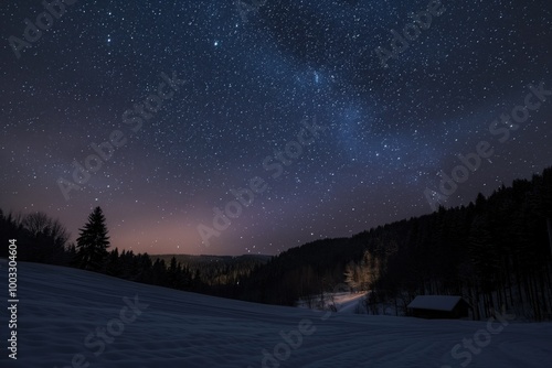 Dark winter sky in Carpathian mountains at night. Full of shiny stars, snow-covered landscape with frosty trees. Cold and icy forest scenery. Snowy pine and spruce trees under starry sky.