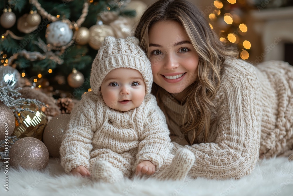 Beautiful young mother and her adorable little daughter in knitted hats are sitting on the floor near the Christmas tree. Beautiful young mother and her adorable little daughter in knitted hats are sitting on the floor near the Christmas tree.