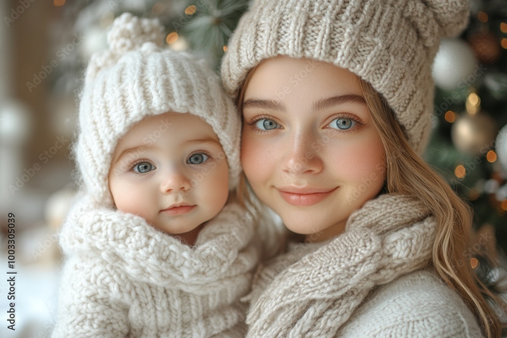 Beautiful young mother and her adorable little daughter in warm knitted hats and scarves on the background of the Christmas tree Beautiful young mother and her adorable little daughter in warm knitted hats and scarves on the background of the Christmas tree