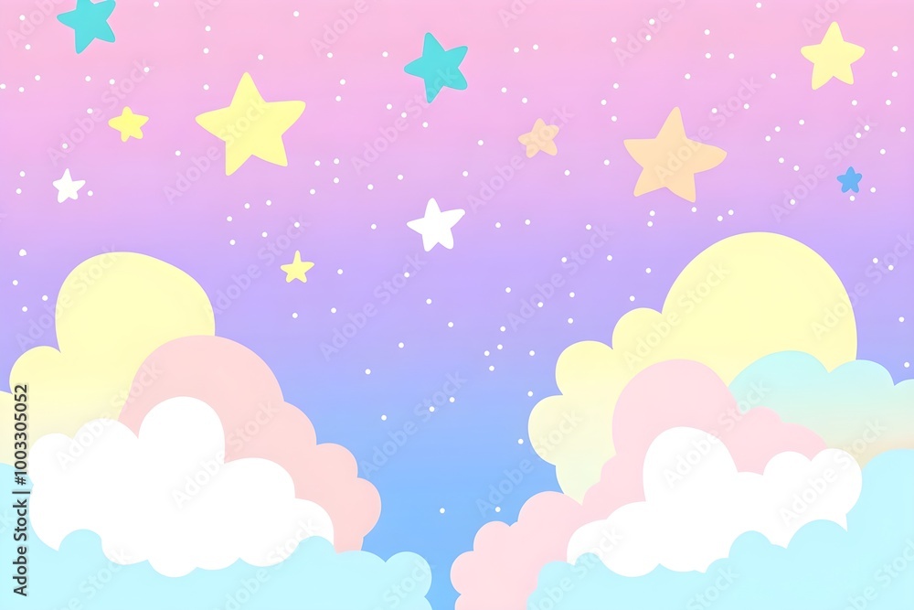 a whimsical and colorful illustration of a sky scene. The background transitions from pink at the top to purple and then blue towards the bottom, resembling a sunset or sunrise a whimsical and colorful illustration of a sky scene. The background transitions from pink at the top to purple and then blue towards the bottom, resembling a sunset or sunrise