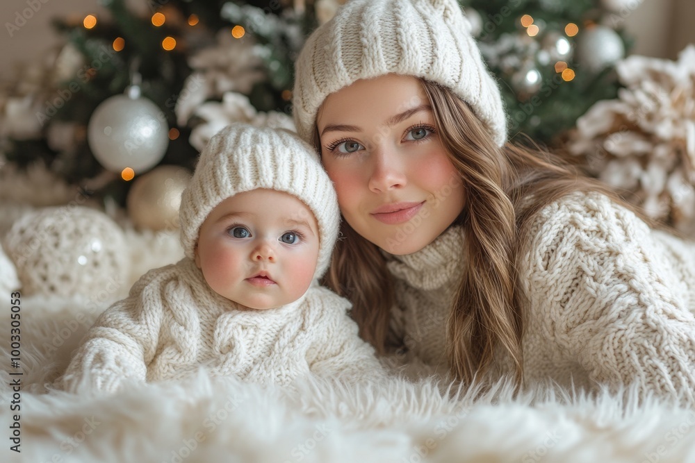 Beautiful young mother and her adorable little daughter in warm knitted hats and scarves on the background of the Christmas tree Beautiful young mother and her adorable little daughter in warm knitted hats and scarves on the background of the Christmas tree