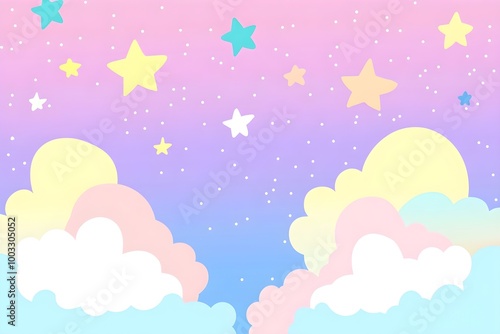  a whimsical and colorful illustration of a sky scene. The background transitions from pink at the top to purple and then blue towards the bottom, resembling a sunset or sunrise