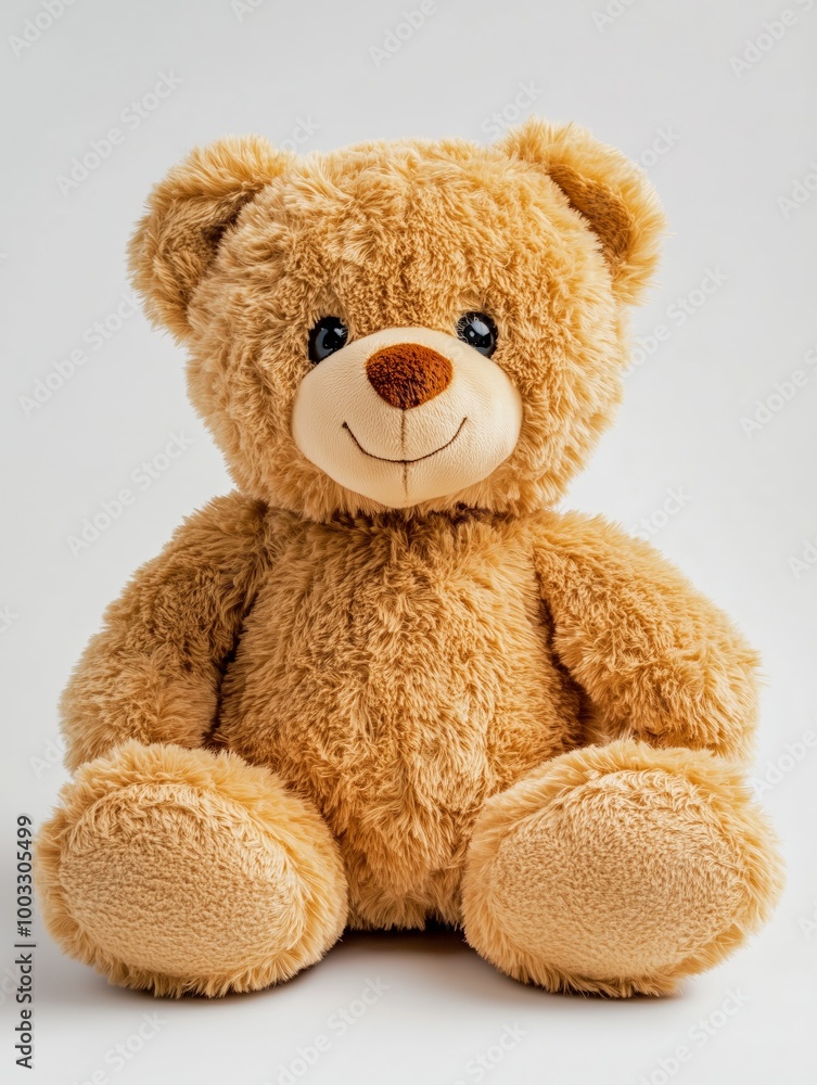 Fototapeta premium Soft teddy bear toy sitting against blank background, inviting warmth comfort. AI generated