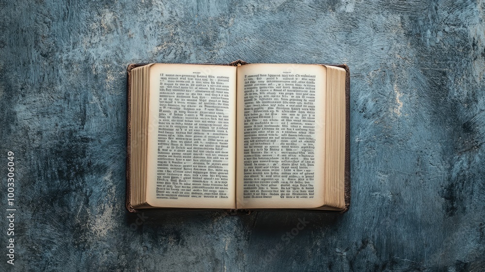 Obraz premium Open aged book with text on rustic blue surface