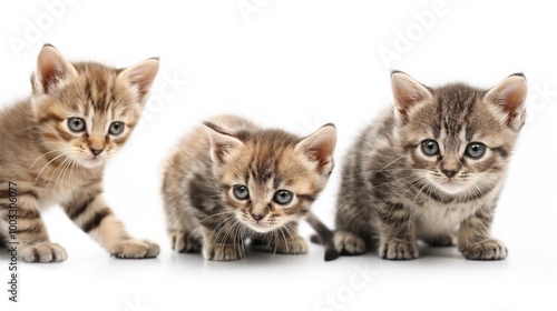 Small cute kittens isolated on white background. Fluffy, playful, adorable, baby animals. Domestic mammals, furry, cute, charming, lovely, little, young cats. Isolated on white, pure colors, soft