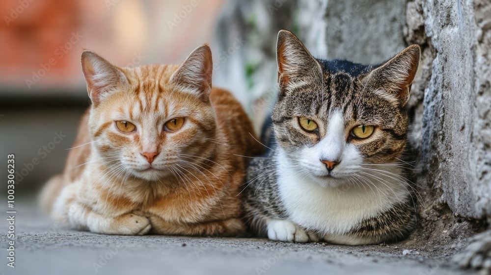 Two cats, one ginger and tabby, resting side by outdoors Two cats, one ginger and tabby, resting side by outdoors